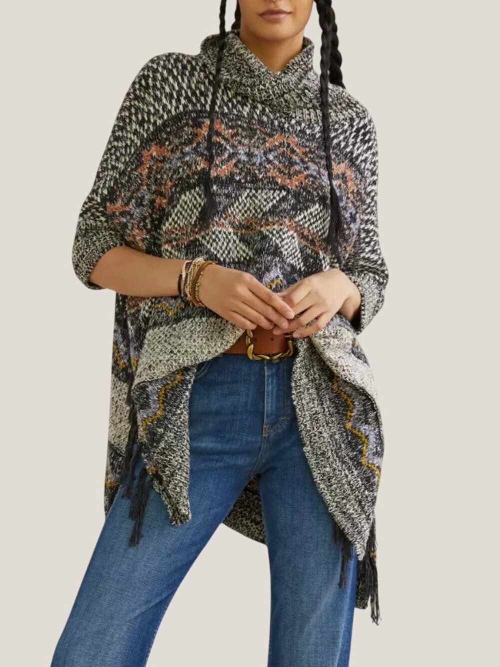 Anthropologie Pilcro Magda Knit Poncho Fringe Oversized Grey Small / XS